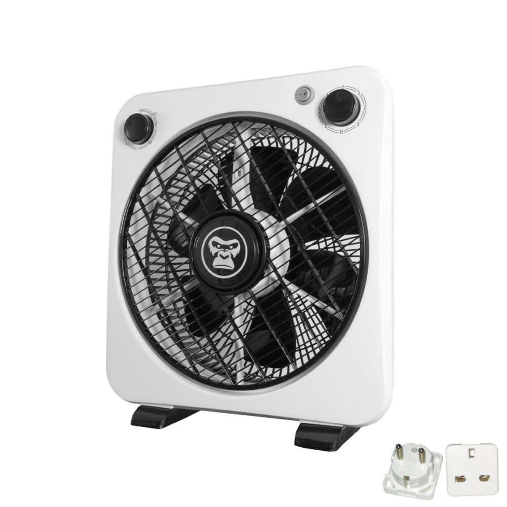 Gorilla Rotating Box Fan, třírychlostní podlahový ventilátor 31.5 cm S ADAPTÉREM UK/EU