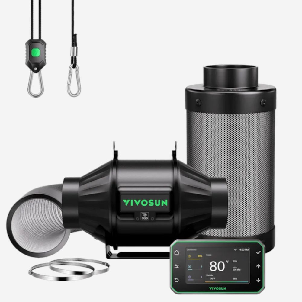 VIVOSUN Smart Air Filtration Kit Pro 100 mm, 357 m3/h (AeroZesh T4 ventilátor, E42AP WiFi Controller, pachový filtr, ventilační potrubí)
